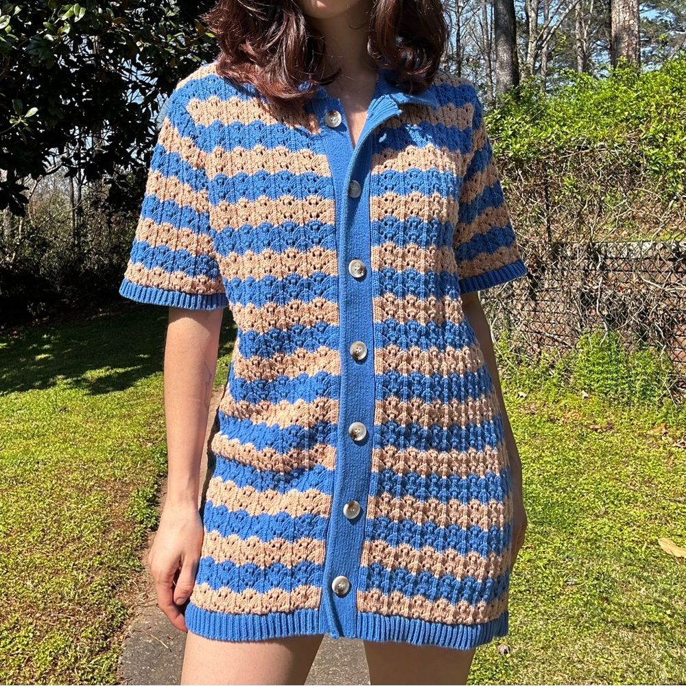 Blue and Tan Striped Button-Up Dress